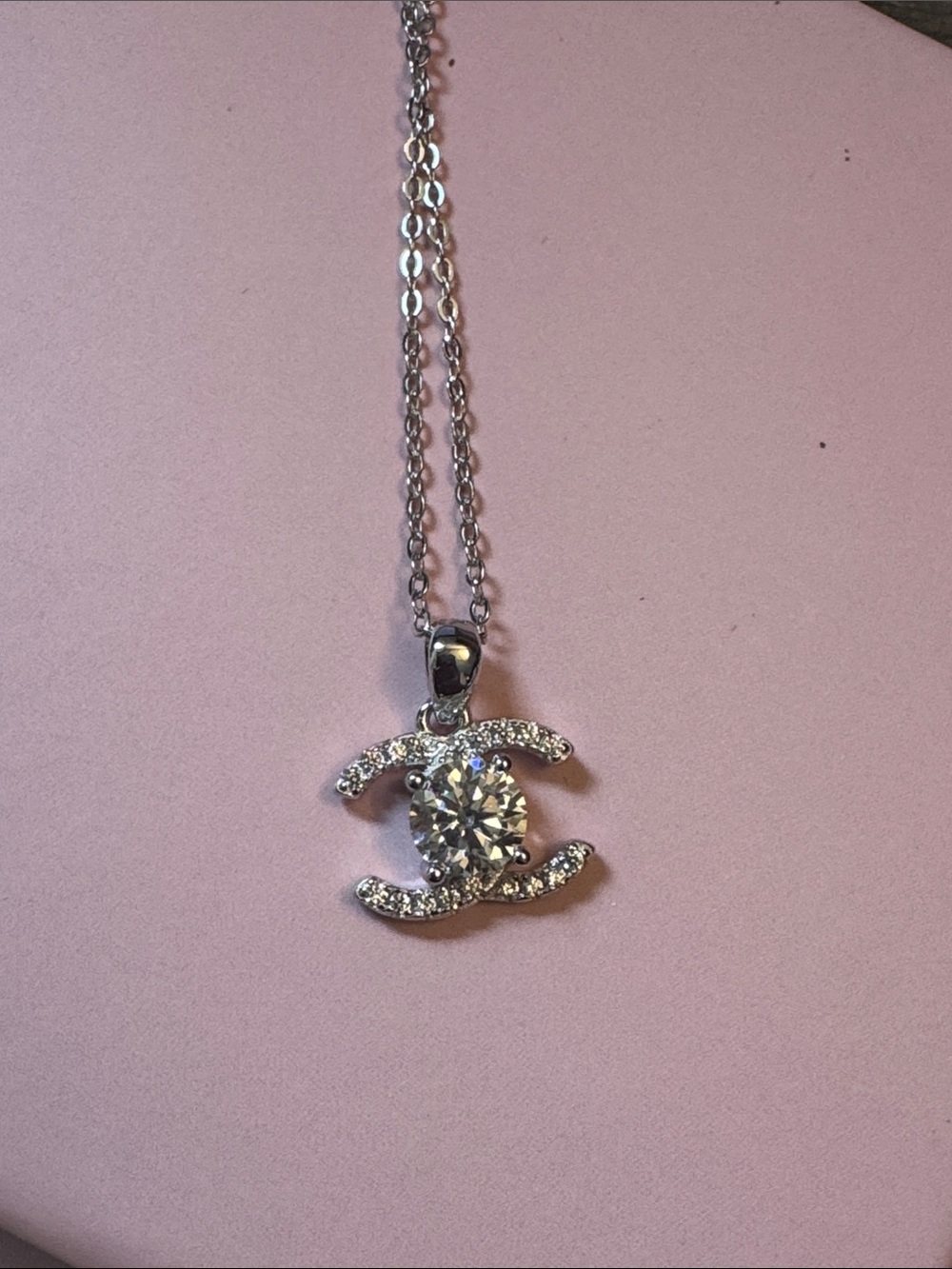 Silver-Tone Crystal Pendant Necklace - Double C Style
